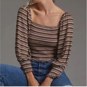 Anthropologie Striped Smocked Puff-Sleeved Top Size Small